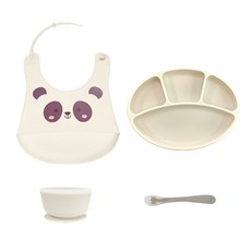 블루마마 모두아이 실리콘 유아식기 4종 세트, 크림, 흡착식판 + 흡착볼 + 턱받이 + 이유식스푼 랜덤발송, 1개