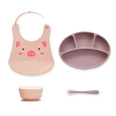 BLUE MAMA 兒童矽膠餐盤餐具4件組, 粉色, 餐盤+碗+圍兜+湯匙(隨機出貨)