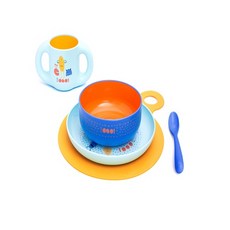 suavinex 卡通造型餐具組, 藍色, 餐盤+碗+杯子+湯匙+墊子