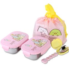 sumikko gurashi 角落小夥伴 2層不鏽鋼便當+叉匙+叉匙蓋, 粉色, 1組