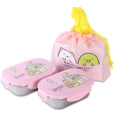 可愛印花2層便當盒+收納袋, 粉色, 1組