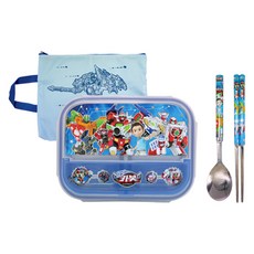 LE BARN 衝鋒戰士附蓋餐盤餐具組+收納袋, 混色, 不鏽鋼餐盤+便當蓋+湯匙+筷子+便當袋