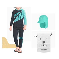 GOING KIDS 童款英文撞色防曬泳衣+緊身長泳褲+遮陽帽+收納袋組