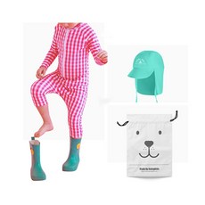 GOING KIDS 童款格紋連身泳裝+遮陽帽+收納袋組