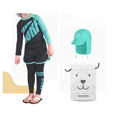 GOING KIDS 童款英文撞色防曬泳衣+緊身長泳褲+短泳褲+遮陽帽+收納袋組