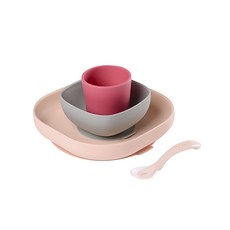 BEABA 矽膠餐具4入組, 粉色, 餐盤+碗+杯子+湯匙