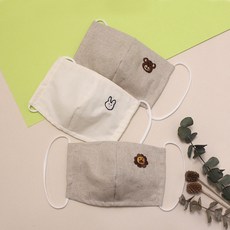 素色亞麻動物刺繡口罩 S號 3件組, 混合色, 1套