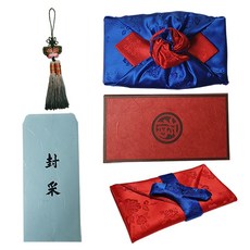 新郎家主婚人禮緞褓5件組, 紅色(禮緞褓, 函), 混合色(雙面包袱巾, 吊飾, 信紙), 1套