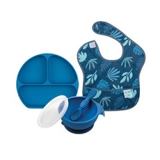 BUMKiNS 嬰兒餐盤餐具3件組, 深藍色+深藍色樹葉款, 餐盤+碗+圍兜