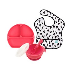 BUMKiNS 嬰兒餐盤餐具3件組, 紅色+黑色愛心款, 餐盤+碗+圍兜