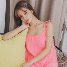 GLAM GONGGAM 女性透氣早晨荷葉邊無袖楊柳棉兩件式睡衣套裝