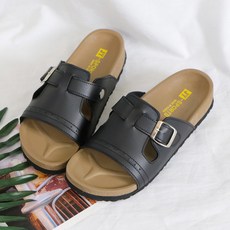 男款褪色雙層氣墊扣環裝飾帶拖鞋, 黑色, 275