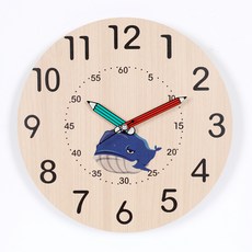 HARU A HOME 藍鯨 兒童教育用 學習時鐘 無噪音壁鐘 LW2009 + AA電池, 混合色