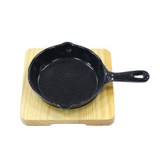 IH感應爐適用 圓形雙耳鑄鐵煎盤+木質底座, 3 號（19.8 厘米）, 1套