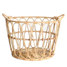 手柄藤天然圓形藤籃 F609, 淺褐色, 1個