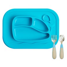 Firgi 鯨魚造型幼兒吸附餐盤+湯勺+叉子組, 淺藍色