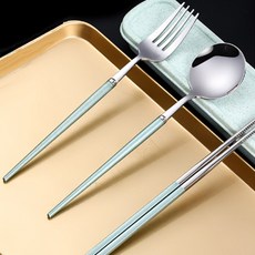 馬卡龍學生便當湯匙叉子餐具組, 綠色, 1套