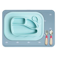 Firgi 學習餐具3件組, 薄荷綠(餐盤附止滑墊)+珊瑚紅(湯匙叉子)+鯨魚薄荷綠(桌墊), 餐盤附止滑墊+湯匙+叉子+桌墊