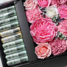 可愛絲帶人造花香皂花牡丹和康乃馨花口袋錢盒+opp袋10p+購物袋套組, 粉色的