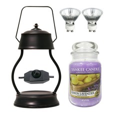 YANKEE CANDLE 香氛薰衣草蠟燭 L號+復古造型暖燈 黑色+燈泡 2入, 暖器（青銅），蠟燭（檸檬薰衣草）