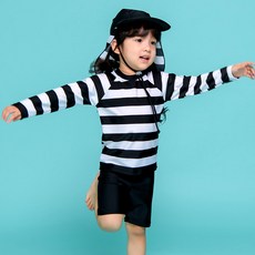 IAMBEBE 兒童條紋防曬泳衣上下裝 + 護頸帽套組