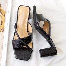 女款蟒蛇紋交叉高跟拖鞋, 黑色, 240