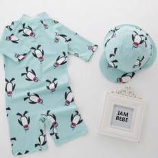 아이엠베베 남아용 UV차단 펭귄 우주복형 래쉬가드 + 플랩캡 세트