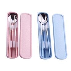Bloom at home 馬卡龍色學生用便當湯匙 + 筷子 + 收納盒 2人份組, 粉色, 藍色, 1套, 湯匙 + 筷子 + 收納盒 2件組