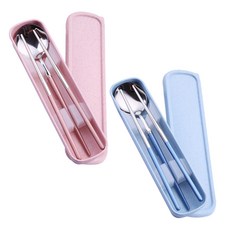 Bloom at home 馬卡龍成人便當湯匙+筷子+收納盒2人組, 粉紅色, 藍色, 1套, 湯匙+筷子+收納盒 2件組