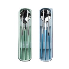 Bloom at home 馬卡龍學生用便當餐具 湯匙 + 筷子 + 叉子 + 收納盒 2人套組, 綠色, 藍色, 1套, 湯匙 + 筷子 + 叉子 + 收納盒 2種