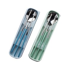 Bloom at home 素色不鏽鋼湯匙+筷子+叉子 2件組, 綠，藍, 1套, 湯匙2入+筷子2雙+叉子2入+餐具盒2入