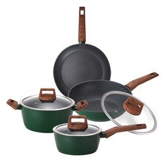 Kitchen Flower Cookin IH 感應綠木煎鍋鍋具套裝, Green Wood, 5種鍋具