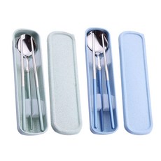 Bloom at home 馬卡龍色學生用便當湯匙 + 筷子 + 收納盒 2人份組, 綠色, 藍色, 1套, 湯匙 + 筷子 + 收納盒 2件組