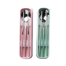 Bloom at home 馬卡龍色勺子+筷子+收納盒組, 粉色, 綠色, 1套, 湯匙2入+筷子2雙+叉子2入+餐具盒2入