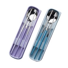 Bloom at home 素色不鏽鋼湯匙+筷子+叉子 2件組, 紫色, 藍色, 1套, 湯匙2入+筷子2雙+叉子2入+餐具盒2入