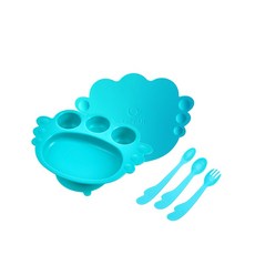 UINLUI 矽膠吸附式餐盤餐具組, 水藍色, 餐盤+蓋子+湯匙+叉子