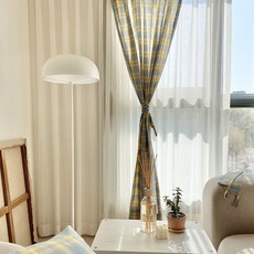 mariangel 復古藍色檸檬水格紋窗簾 遮蔽簾 穿桿式, 混合色