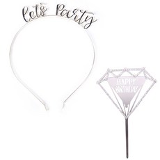 Indigo Shop Today's Party 頭帶 + 鑽石生日快樂亞克力蛋糕裝飾套裝, 銀, 1套