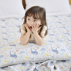 ahtty blanc 兒童人造絲涼感睡墊三件組, 藍色恐龍款, 1組