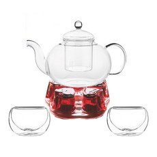 벨르디자인 아덴 내열유리 티포트 600ml + 티워머 + 이중잔 80ml x 2p, 레드, 1개