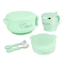 兒童附防滑蓋保溫不鏽鋼餐具組, 保溫鍋+碗+湯匙+叉子+水杯+杯墊, 薄荷綠