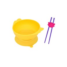 UINLUI 孩童吸盤碗+學習筷, 香蕉黃, 碗+防滑底座+學習筷+矽膠筷套