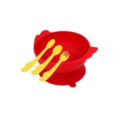 UINLUI 天使翅膀造型吸盤碗+孩童匙叉組, 蘋果紅, 碗+防滑底座+2種湯匙+叉子