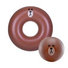 LINE FRIENDS 熊大游泳圈 96cm+沙灘球, 棕色（環形管）、棕色（沙灘球）, 1套