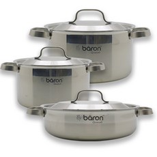 BARON 스텐 통3중 냄비 3종 세트 인덕션 IH, 양수냄비 20cm + 24cm + 전골냄비 24cm