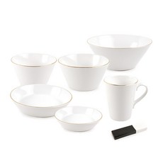 WiLLive Goldrim 1人單餐餐具套組, 白色 (WV8882), 空氣+碗+冷小+大+面+馬克杯+勺架