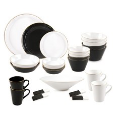 WiLLive 4人家庭餐具套組, 黑+白（WV8837）, Air 4p + Dish 4p + Cold Small 4p + Large 2p + Mug 4p + Cutlery 4p + 3種盤子+意大利面盤