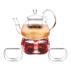 벨르디자인 BELLE 램프 내열유리 티포트 600ml + 이중잔 M 2p + 워머 M 세트, 레드, 1개