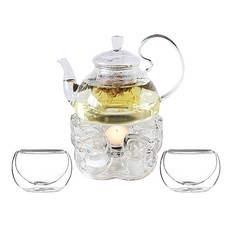 BELLE design 檯燈造型耐熱玻璃茶壺 400ml + 雙層玻璃杯 S 2入 + 保溫座 30ml 套組, 燈罩式款, 1個