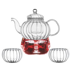 BELLE design Adeline 耐熱玻璃茶壺 600ml + 雙層杯 M 2入 + 保溫座 M 套組, 紅色, 1個